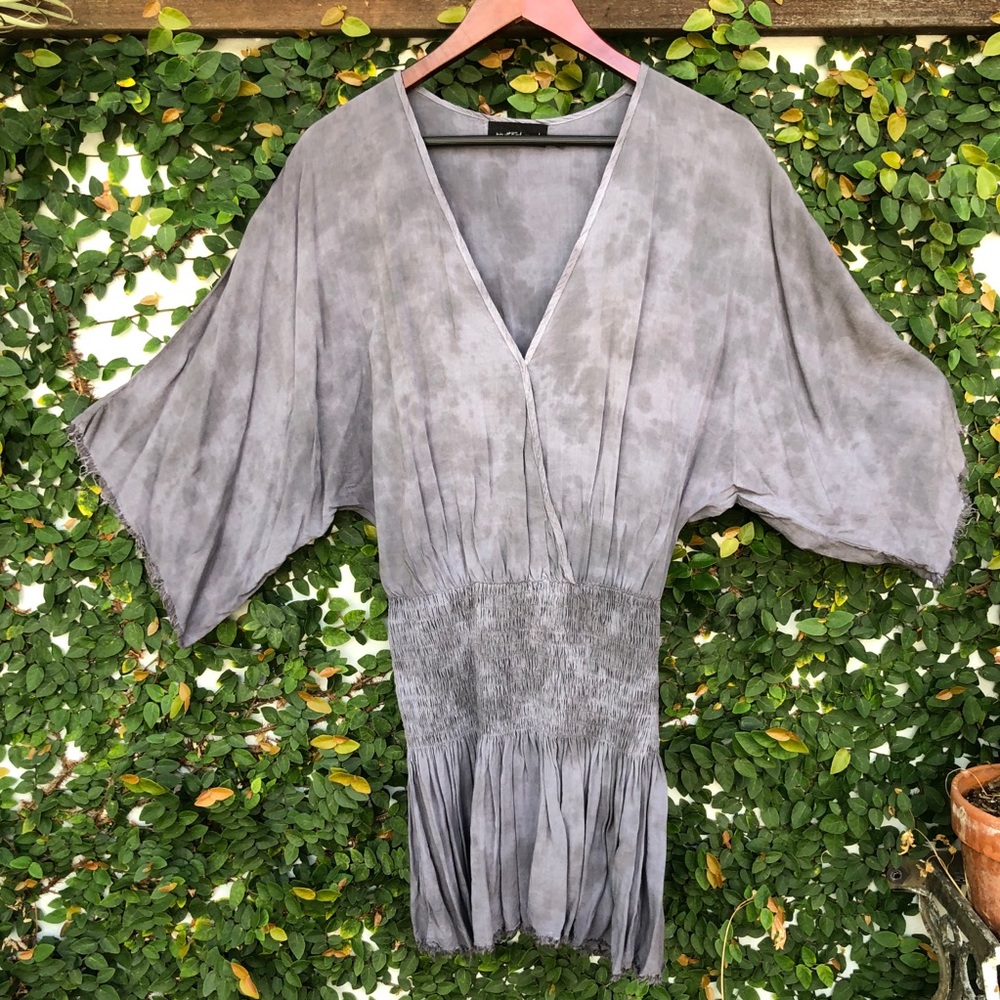 Grey Tie Dye Flowy Sleeve Mini Dress